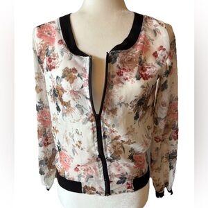 Sheer Floral Bomber Jacket with black trim Women’s size Small